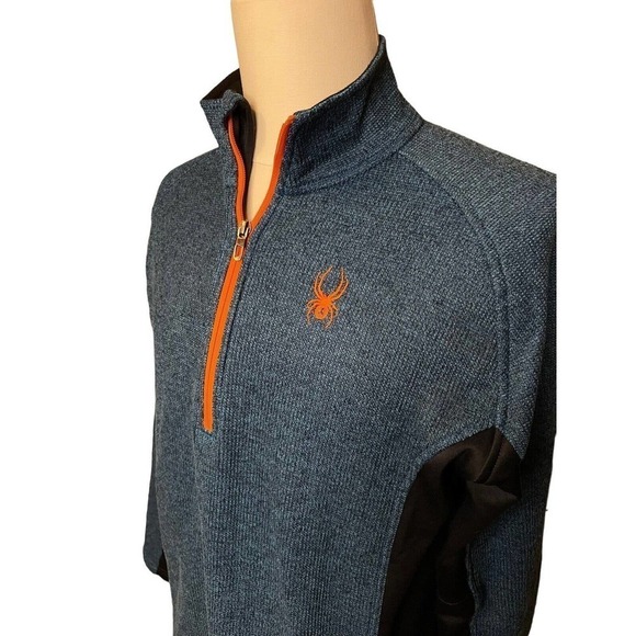 Spyder Men's 1/4 Zip Pullover, Heavyweight Blue and Orange Waffle Knit Large - Picture 2 of 9